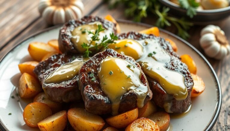 Garlic Butter Steak Bites and Potatoes