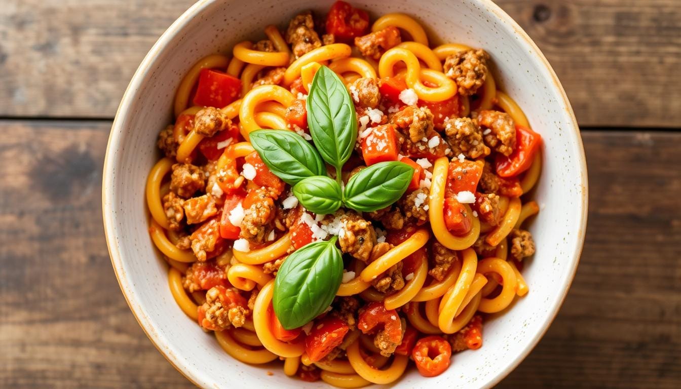 Ground Beef Orzo with Tomato Cream Sauce