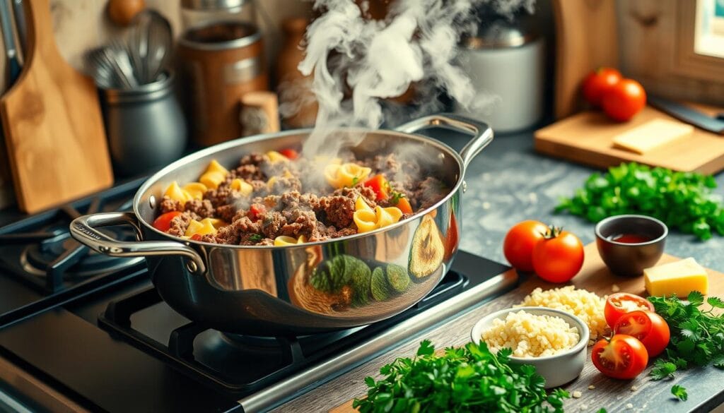 One-Pot Hamburger Helper Cooking Process